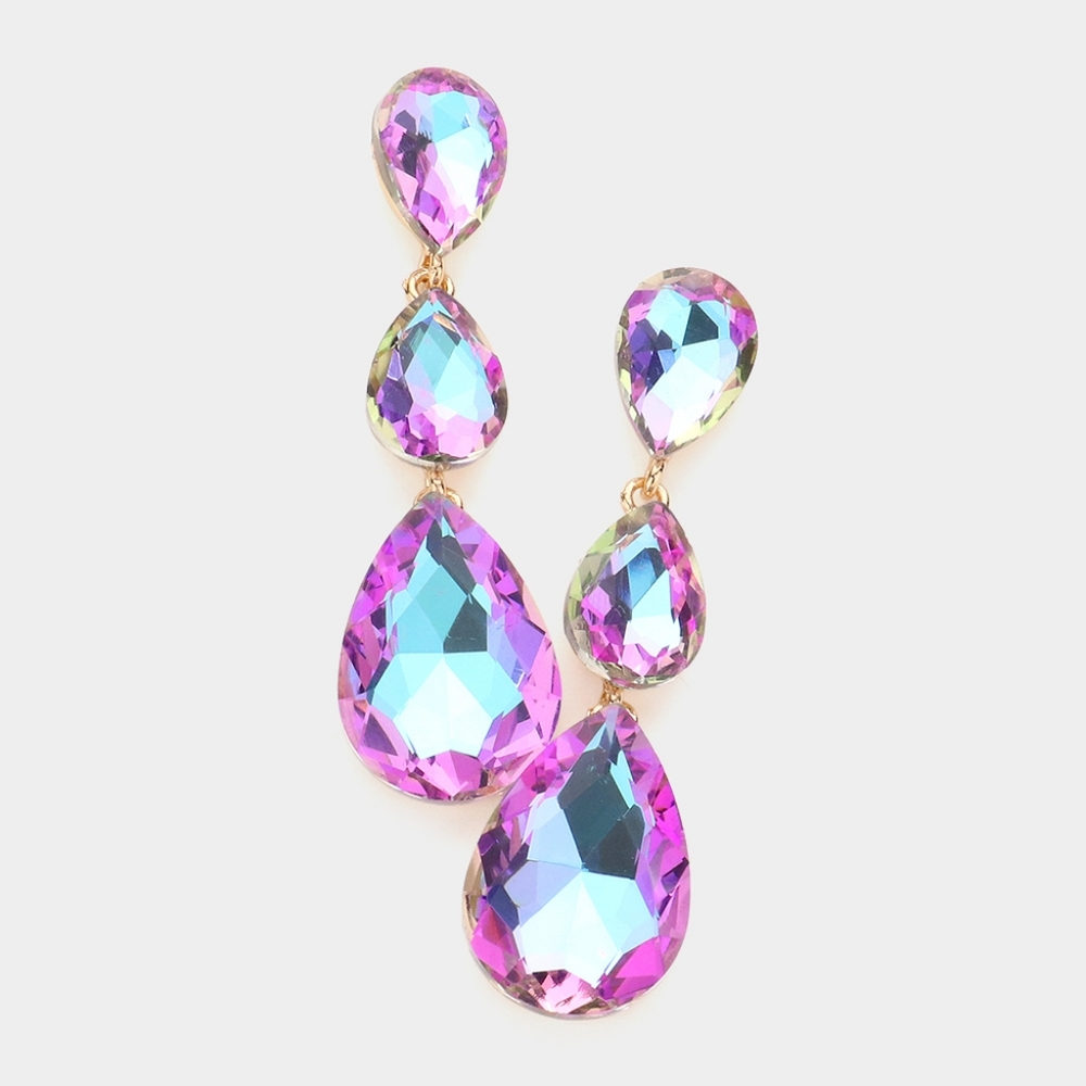 Violet Dangle Crystal Earrings 2.75 Inch Triple Tear Drop Jewelry